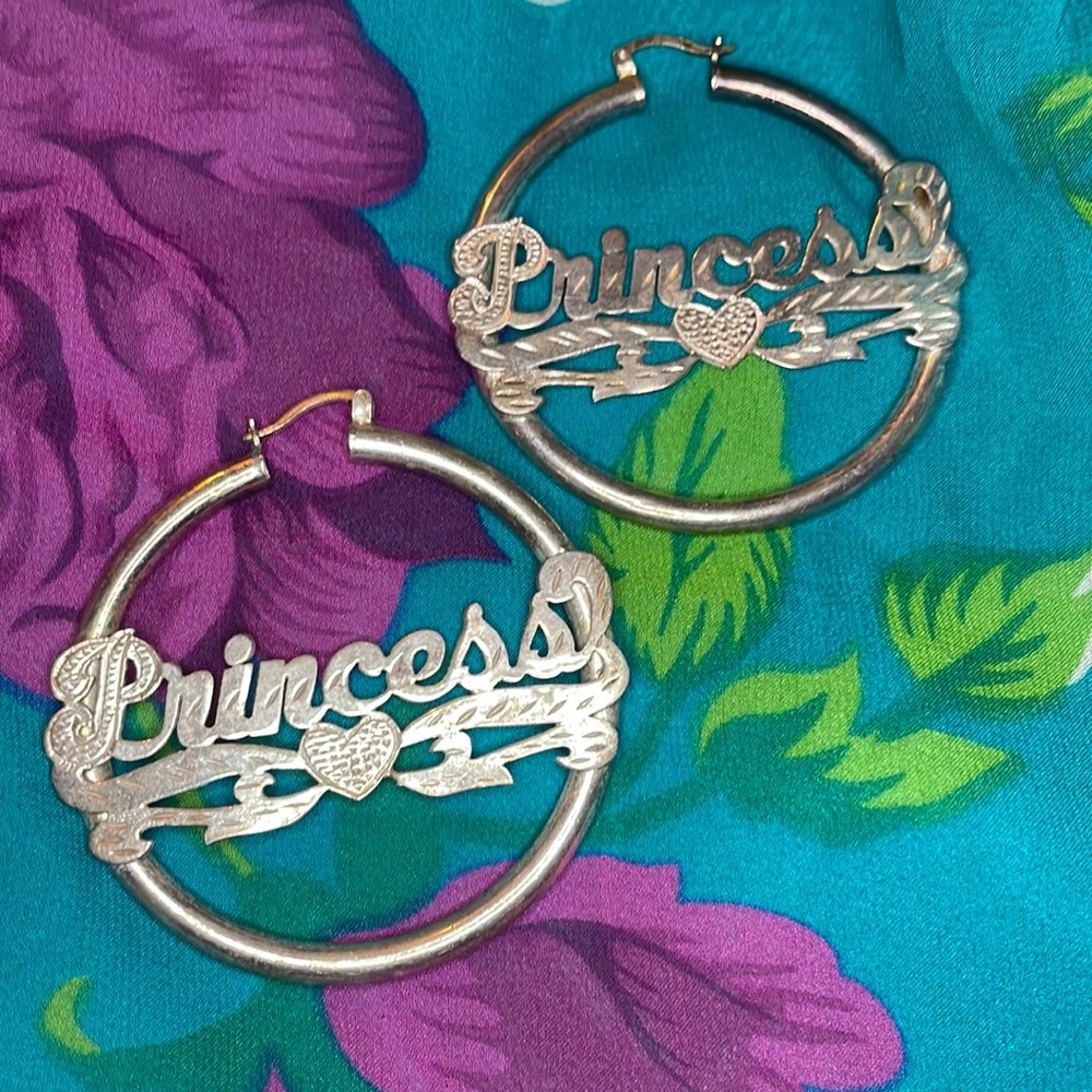 Princess nameplate hoop earrings sterling silver